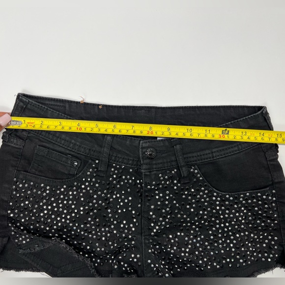 Black Denim Shorts Studded Detail Cutoff Raw Hem Summer Glam Rhinestone Beaded - Picture 6 of 17